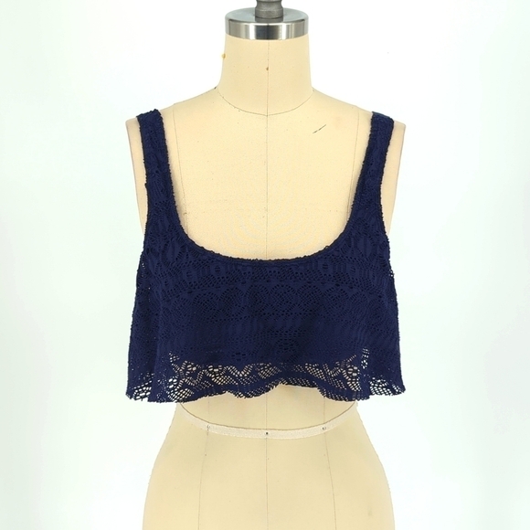 Crochet Popover Swim Top Navy Blue S bohemian beach summer vacation pool resort - Picture 1 of 4